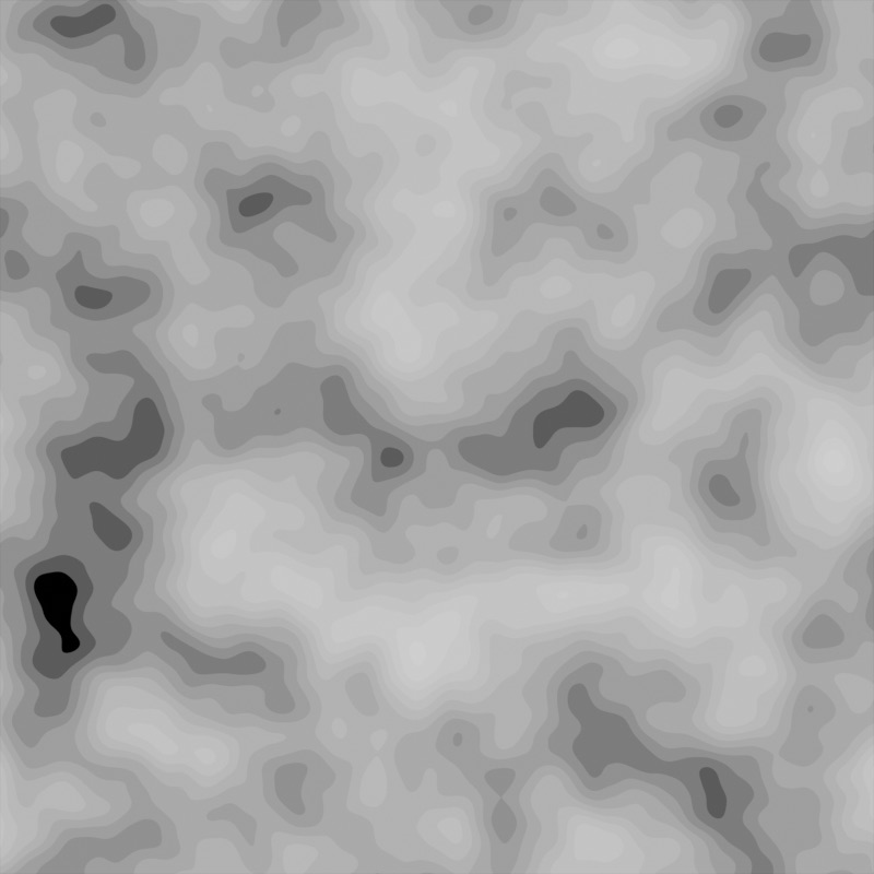 A gradient noise field, but distinct levels have been combined to make shapes that look like flat levels of terrain on a map.