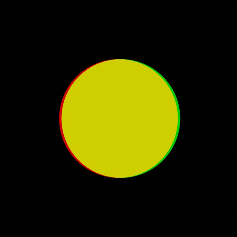 Two circles almost exactly on top of each other but slightly shifted like a Venn diagram. There is a sliver of red on the left and green on the right. The majority in the middle is yellow.